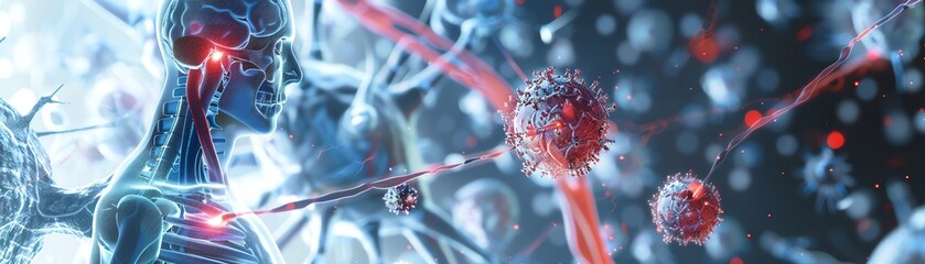 Nanobots repairing cells in a human body, focus on, medical innovation, surreal, overlay, biomedical lab backdrop