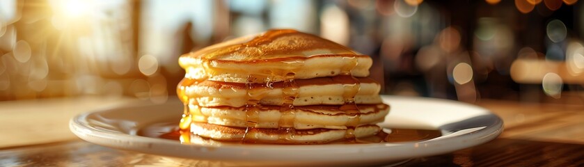Stack of fluffy pancakes with maple syrup, selective focus, breakfast indulgence, whimsical, double exposure, cozy cafe backdrop