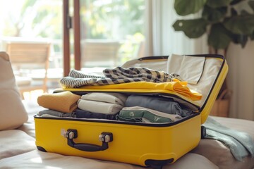 A close-up view of a suitcase packed for a vacation trip, lying open in a room with clothes visible inside. Travel and tourism concept.