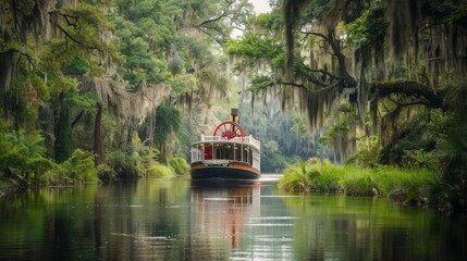 Charming red paddlewheel steamboat leisurely cruising scenic moss-draped river