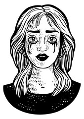 Tear stained girl with flowing mascara sketch engraving PNG illustration. T-shirt apparel print design. Scratch board imitation. Black and white hand drawn image.