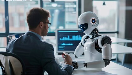 A men collaborating with a humanoid robot. The humanoid robot engages in conversation with office workers. 