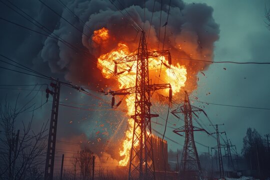 Explosion fire smoke and electrical short circuit on the networks of wires and transformer substation. ai generative
