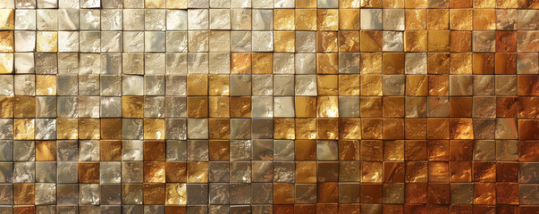 A metallic mosaic pixel background with shades of gold, silver, and bronze. The shimmering pixels create a luxurious and sophisticated pattern.