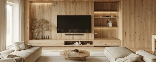 A minimalist wooden living room with a wall-mounted TV, simple shelves, and a plush sofa. Use light wood tones and a neutral color palette for a clean, airy feel.