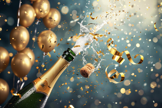 A champagne bottle is popping its cork, surrounded by golden balloons and confetti against an elegant blue background. Birthday or New Year s Eve party celebration concept.