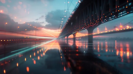A mesmerizing cityscape with bridge illuminated by colorful lights reflecting on water at sunset, creating a dreamy and serene atmosphere.