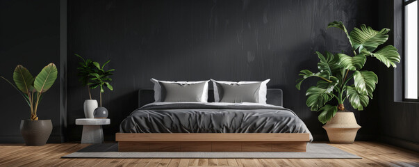 A modern bedroom with a platform bed and simple decor, set against a dark charcoal wall. The dark background creates a calming and luxurious atmosphere.