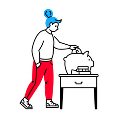 Woman puts the coins in the piggy bank