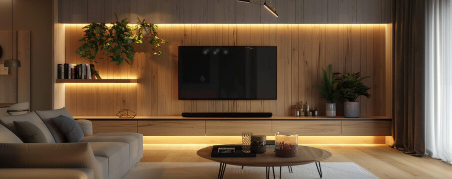 A modern wooden living room with a TV integrated into a custom wooden unit, sleek furniture, and soft lighting. Light wood tones and neutral colors for a serene atmosphere.