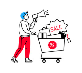Man with shopping cart full of items advertising sale using megaphone