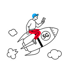Man with phone flying on 5G rocket