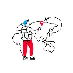 Man traveler with a backpack looking at a map of the world