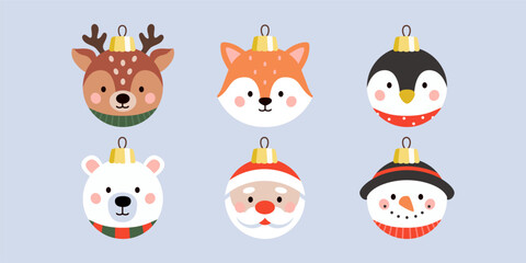 Cute Christmas baubles set with animals, snowman, Santa, bear, penguin, reindeer and fox vector illustration.