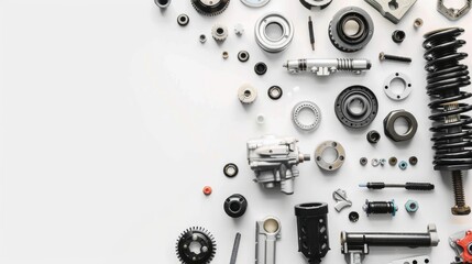 New car parts on white background with space above viewed from top