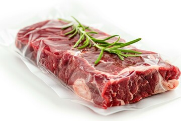 Fresh raw beef ribeye steak sealed in a vacuum pack Isolated on white background. ai generative