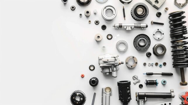New car parts on white background with space above viewed from top