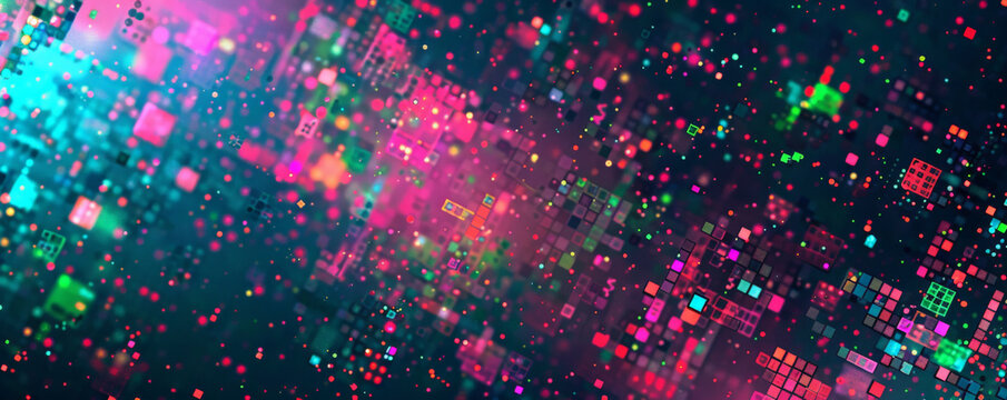 A mosaic pixel background with neon colors like pink, green, and blue. The bright, fluorescent pixels create a lively and energetic design.