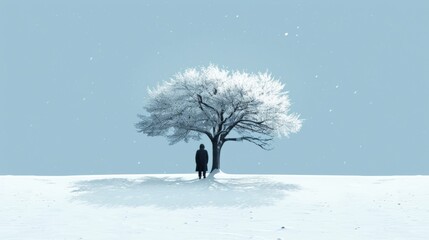 Winter landscape with lonely tree and young man. 3D rendering.