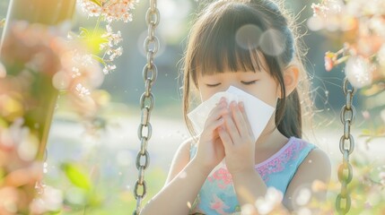Spring Allergy Season: Young Girl on Swing with Blossoming Flowers - Stock Image for Allergies and Outdoor Activities