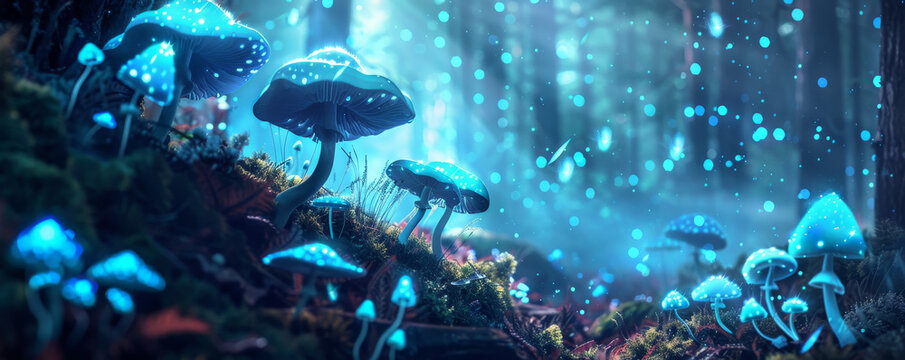 A mystical scene with bioluminescent mushrooms casting a soft, blue light on the forest floor. The ethereal glow and natural setting create a magical and enchanting atmosphere.