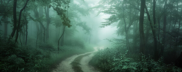 Fototapeta premium A pathway winding through a dense, green forest enveloped in fog. The mist creates a mystical atmosphere, with the trees fading into the background as they disappear into the fog.