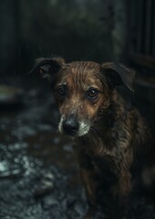 Neglected old dog abandoned neglected in a shelter, illustration of poor animals.