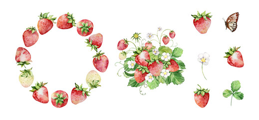 Watercolor straberry set wit wreath, berry and flowers