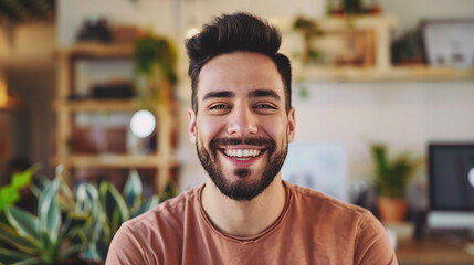 Fototapeta premium Portrait of happy man with beard at home. 