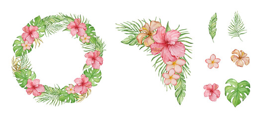 Watercolor tropical frame with flowers and leaves set