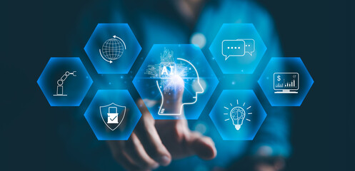 AI, Artificial Intelligence Concept. Businessman interacting with digital icons representing artificial intelligence, technology, and innovation, showcasing various tech solutions and advancements.