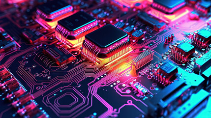 Obraz premium Motherboard with chips and connections in purple and blue neon lights. Technology background with microchips on hardware circuitboard