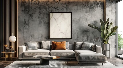 Modern living room mockup with wall pattern background and picture frame, 3d rendering concept