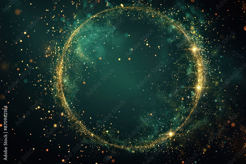 Wall mural green color circle frame firework confetti of light golden spark particles on black background. ai generative