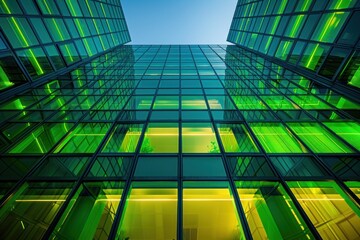 Obraz premium Green business concept with glass windows of corporate building glowing in green light. ai generative