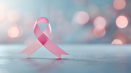Pink ribbon on a blurred background.  Symbol of breast cancer awareness.