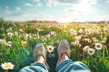 Legs of relaxing girl lying on the spring blooming meadow