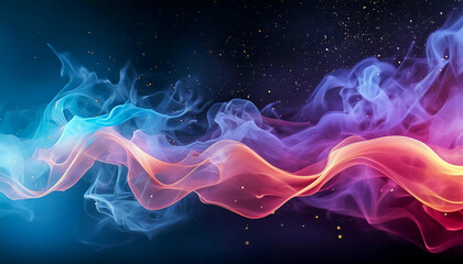 Fototapeta premium Neon colored smoke flying in outer space, with small flying particles of light, on a black background, with empty place for inscription