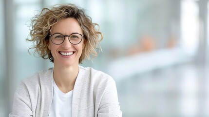 Fototapeta premium Portrait of a smiling woman with curly hair and glasses.