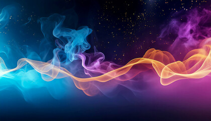Fototapeta premium Neon colored smoke flying in outer space, with small flying particles of light, on a black background, with empty place for inscription