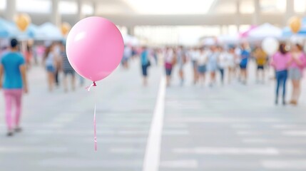 Obraz premium Pink balloon floating in a crowded street.