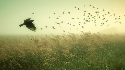 A bird flying in a foggy meadow with tall grass