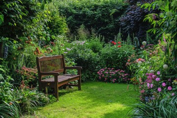 Obraz premium Beautiful Garden Oasis with Wooden Bench Surrounded by Flowers and Greenery - Ideal for Relaxation