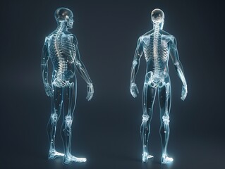 3d image of a full body spine. Medical concept. Wire frame human skull anatomy.