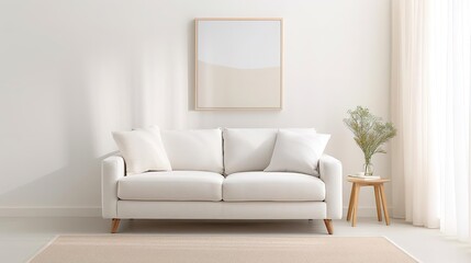 Fototapeta premium Minimalist living room interior with white sofa, wooden side table, and beige rug.