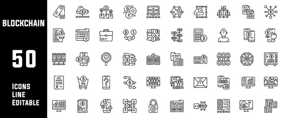 50 Blockchain Icons Set Line Editable Vector Illustration