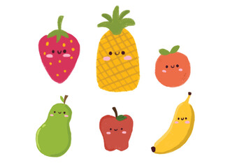 Cute Strawberry, pineapple, orange, pear, apple, banana element isolated on white background illustration. Kawaii style character.