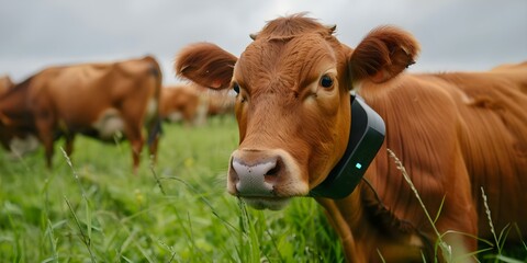 Wearable tech for livestock monitoring ensures animal welfare and productivity. Concept Agriculture, Livestock Monitoring, Wearable Technology, Animal Welfare, Productivity