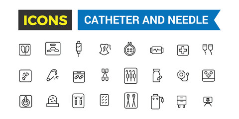 Catheter and Needle icons set. Outline icons pack. Editable vector line icon set and illustration for web and UI application.