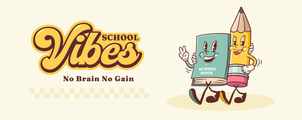 Groovy Back to School Retro Characters Banner. Cartoon Book and Pencil Walking and Smiling. Vector Education Mascot Templates. Happy Vintage Cool Learning Personage Illustrations Isolated